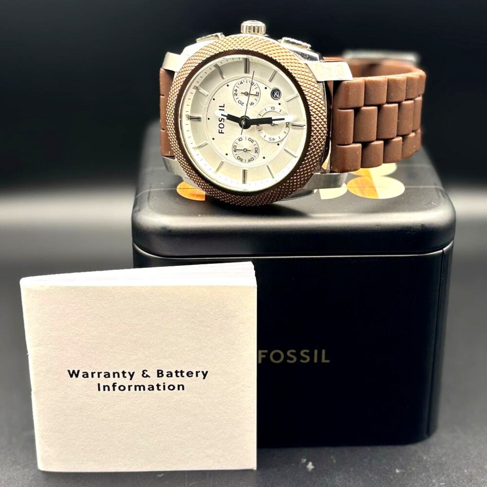 Fossil Machine FS4596 Men’s Chronograph white Dial Brown Silicone Strap Watch - Picture 4 of 17